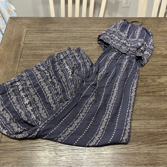 Japna Wide Leg Romper Women's Blue Flare Strapless Smocked Jumpsuit - Picture 7 of 9